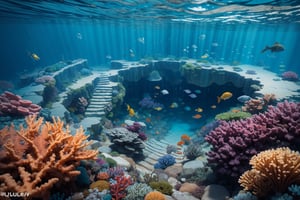 (Under the ocean),（（（top view ）））
blue tones, wide angle shot, 
stone steps,faint rays of sunlight piercing the water.
Undulating Seafloor Terrain,
The red coral reefs below,
Undulating Seafloor Terrain,