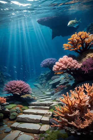 (Under the ocean),
top view, blue tones, wide angle shot, stone steps
Expansive Underwater Plains,
The red coral reefs below,
Undulating Seafloor Terrain,