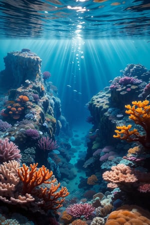 (Under the ocean),
top view, blue tones, 
Expansive Underwater Plains,
The red coral reefs below,
Undulating Seafloor Terrain,