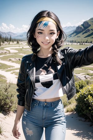((dynamic view, action angle)), ((exquisite colourful illustration)), (perfect face, perfect anatomy), (detailed scenery), wilderness background, dark skin, dark-skinned female, native American aesthetic, leather jacket, white top, hairband, tribal face-paint, leather jeans, (braided hair), (medium hair), (brown hair), (brown eyes), smile, depth of field, (perfect details), lively colours, (high contrast), tribal theme, best quality
