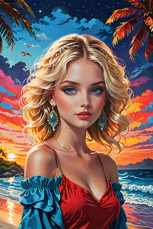{{A mesmerizing depiction of a girl}} with {blonde hair, blue eyes, long hair, earrings, jewelry, necklace, bracelet, red top, turtleneck crop top, long sleeves}. This is a vibrant-inspired image that showcases {night, sunset, beach, palm trees, cityscape, silhouettes, ocean, tropical, birds, clouds}. The environment/background should be {night} to create an {alluring atmosphere}. The image should be in the style of a {digital illustration}, incorporating elements of {colorful pop art, vibrant sunset photography, tropical illustrations}. The {extreme close-up} shot, captured with a {macro} lens, will provide a {dynamic angle}. The lighting should be {moonlight passing through hair}, emphasizing {intricate details}. The desired level of detail is {ultra-detailed body} with a {highest detailed} resolution, highlighting {the facial features and jewelry}. The goal is to create a {colorful masterpiece} image that captivates viewers with its {vibrancy and intricacy}.