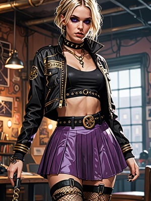 {{A breathtakingly detailed depiction of a girl}} with {((fighting instinct and a hint of fear))}, surrounded by {((circuits))}. She wears {((gorgeous travel-style attire))} including {((a black neck choker, crop top, fishnets, chain necklace, cropped open jacket with long sleeves, a belly-button-exposing midriff, nail polish, watch, bracelet, jewelry, purple belt, purple skirt, black and gold chain, thigh strap, mismatched purple and black thigh-highs, and high heels))}. This is a {((realistic and sketch))}-style image with {((ultra-detailed lines, crisp lines, clear lines, detailed eye details, and thick edges))}, inspired by {((ligne claire))}. The environment should be {((highly detailed and realistic))}. The goal is to create a {((masterpiece of the highest quality and best quality))} with {((perfectly rendered hands))} that captivates viewers with its {((intricate details and dynamic composition))}.