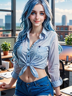 masterpiece, best quality, ultra-detailed, illustration, beautiful detailed eyes, 1girl, workplace background, detailed scenery, chemise shirt, long blue hair, thin belly, bigbreast, short pants, lifting up shirt, gentle smile, tight shirt 
