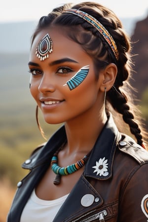 ((dynamic view, action angle)), ((exquisite colourful illustration)), (perfect face, perfect anatomy), (detailed scenery), wilderness background, dark skin, dark-skinned female, native American aesthetic, leather jacket, white top, hairband, tribal face-paint, leather jeans, (braided hair), (medium hair), (brown hair), (brown eyes), smile, depth of field, (perfect details), lively colours, (high contrast), tribal theme, best quality
