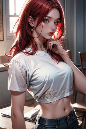 a woman with red hair leaning on a table with her hands on the wall, 1girl, solo, red hair, long hair, looking at viewer, lips, midriff, sharp focus, perfect hands, perfect face, perfect eyes, perfect light, dynamic light, natural light, masterpiece, best quality, very aesthetic, absurdres, newest, ai-generated, intricate
