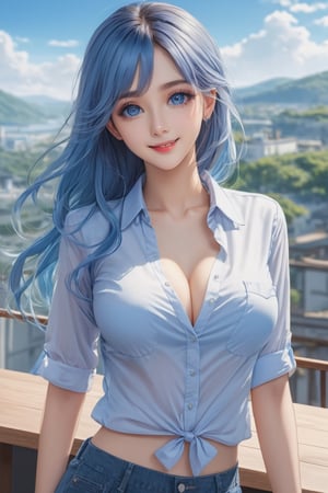 masterpiece, best quality, ultra-detailed, illustration, beautiful detailed eyes, 1girl, workplace background, detailed scenery, chemise shirt, long blue hair, thin belly, bigbreast, short pants, lifting up shirt, gentle smile, tight shirt 
