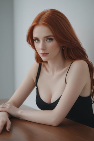  a woman with red hair leaning on a table with her hands on the wall, 1girl, solo, red hair, long hair, looking at viewer, lips, midriff, sharp focus, perfect hands, perfect face, perfect eyes, perfect light, dynamic light, natural light, masterpiece, best quality, very aesthetic, absurdres, newest, ai-generated, intricate