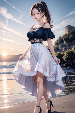 masterpiece, best quality, ultra-detailed, illustration, beautiful detailed eyes, 1girl, light brown hair, (full body), ponytail hair, (detailed sunrise scenery), sun, off shoulder dress, ((intricate dress)), midriff, bigbreast, smile, , more prism, vibrant color, crop shirt underboob, crop top,
