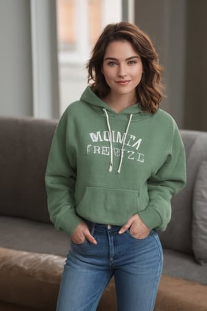 {{unique depictions of a woman}} with {green eyes, a smile, and a cropped hoodie}, {wearing denim pants and a hat}, {looking at the viewer}. This is a {solo} image that showcases {a woman in various casual styles}. The environment/background should be {indoors} to create {a cozy atmosphere}. The image should be in the style of a {digital illustration}, incorporating elements of {urban fashion and casual wear}. The medium shot, captured with a {35mm} lens, will provide {a balanced view of the character}. The lighting should be {soft and warm}, emphasizing {the coziness of the indoor setting}. The desired level of detail is {moderate} with a {200dpi} resolution, highlighting {the character's features and clothing}. The goal is to create {a stylish} image that captivates viewers with its {casual charm}.