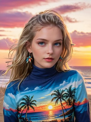 {{A mesmerizing depiction of a girl}} with {blonde hair, blue eyes, long hair, earrings, jewelry, necklace, bracelet, red top, turtleneck crop top, long sleeves}. This is a vibrant-inspired image that showcases {night, sunset, beach, palm trees, cityscape, silhouettes, ocean, tropical, birds, clouds}. The environment/background should be {night} to create an {alluring atmosphere}. The image should be in the style of a {digital illustration}, incorporating elements of {colorful pop art, vibrant sunset photography, tropical illustrations}. The {extreme close-up} shot, captured with a {macro} lens, will provide a {dynamic angle}. The lighting should be {moonlight passing through hair}, emphasizing {intricate details}. The desired level of detail is {ultra-detailed body} with a {highest detailed} resolution, highlighting {the facial features and jewelry}. The goal is to create a {colorful masterpiece} image that captivates viewers with its {vibrancy and intricacy}.