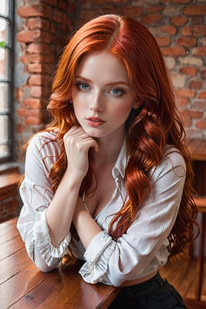  a woman with red hair leaning on a table with her hands on the wall, 1girl, solo, red hair, long hair, looking at viewer, lips, midriff, sharp focus, perfect hands, perfect face, perfect eyes, perfect light, dynamic light, natural light, masterpiece, best quality, very aesthetic, absurdres, newest, ai-generated, intricate