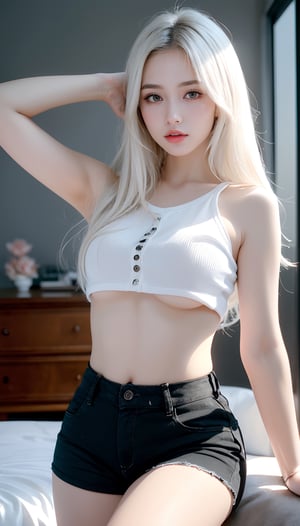 {{A stunning masterpiece of the highest quality}} featuring {((a girl with long, messy white hair and bright eyes))}, wearing {((a shirt with underboob showing and shorts))}. Her hair falls {((seductively over one eye))}, and she gazes {((intensely at the viewer))}. This is a {((cinematically lit and vibrant))} image set in a {((bright and colorful bedroom))}, with {((bright skin and body))} adding to the allure. The image should have {((depth of field))} to create a {((dynamic and immersive))} atmosphere. The goal is to capture the viewer's attention with a {((masterpiece))} that showcases {((the girl's captivating presence and the vibrant beauty of the scene))}.