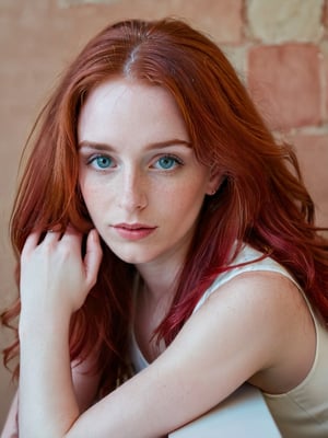 a woman with red hair leaning on a table with her hands on the wall, 1girl, solo, red hair, long hair, looking at viewer, lips, midriff, sharp focus, perfect hands, perfect face, perfect eyes, perfect light, dynamic light, natural light, masterpiece, best quality, very aesthetic, absurdres, newest, ai-generated, intricate
