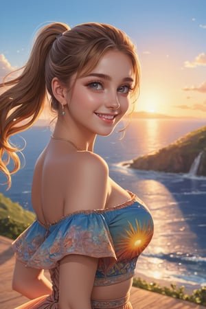 masterpiece, best quality, ultra-detailed, illustration, beautiful detailed eyes, 1girl, light brown hair, (full body), ponytail hair, (detailed sunrise scenery), sun, off shoulder dress, ((intricate dress)), midriff, bigbreast, smile, , more prism, vibrant color, crop shirt underboob, crop top,
