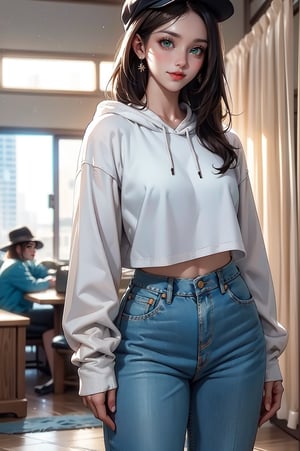 {{unique depictions of a woman}} with {green eyes, a smile, and a cropped hoodie}, {wearing denim pants and a hat}, {looking at the viewer}. This is a {solo} image that showcases {a woman in various casual styles}. The environment/background should be {indoors} to create {a cozy atmosphere}. The image should be in the style of a {digital illustration}, incorporating elements of {urban fashion and casual wear}. The medium shot, captured with a {35mm} lens, will provide {a balanced view of the character}. The lighting should be {soft and warm}, emphasizing {the coziness of the indoor setting}. The desired level of detail is {moderate} with a {200dpi} resolution, highlighting {the character's features and clothing}. The goal is to create {a stylish} image that captivates viewers with its {casual charm}.