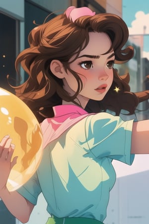 Three girls, teenagers, left green clothes, center dressed in pink, right dressed in blue, their shirts have a star, wavy brown hair, brown eyes, dancing in a ball,Shadman,perfect