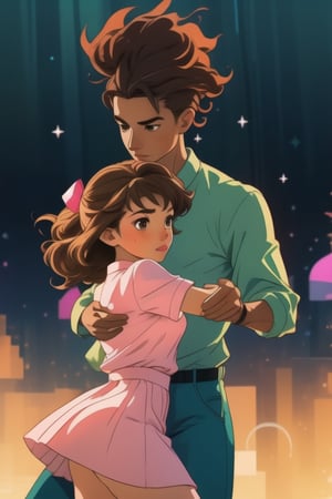 Three girls, teenagers, left green clothes, center dressed in pink, right dressed in blue, their shirts have a star, wavy brown hair, brown eyes, dancing in a ball,Shadman,perfect
