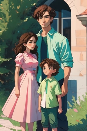 Triplets, teenagers, left green clothes, center dressed in pink, right dressed in blue, their shirts have a star, wavy brown hair, brown eyes, harem dress, in castle, ,Shadman,perfect