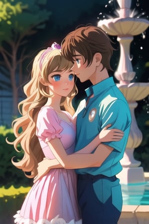 A boy with blonde hair and blue eyes dressed in turquoise prince, with a girl with long wavy brown hair and brown eyes dressed in pink primaballerina_tutu, hugging together in a fountain,perfect,subaru_sports,hug