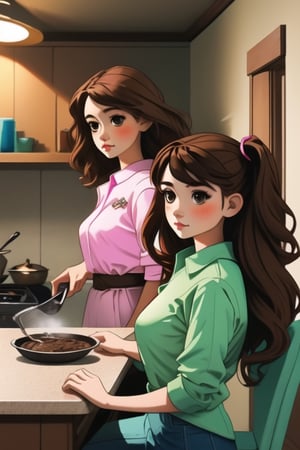 Triplets, teenagers, left green clothes, center dressed in pink, right dressed in blue, their shirts have a star, wavy brown hair, brown eyes, harem dress, in cook, ,Shadman,perfect