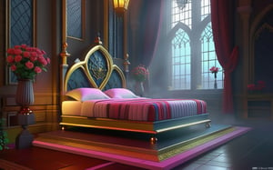 palace hall,victorian style,gothic ,dark background, flowers, glow,3d toon style,2b-Eimi,chrometech, upstand, statue, big building,3d isometric,3g3Kl0st3rXL, bedroom, fog on the floor, spider webs