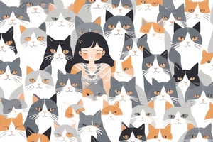 many cute calico cats(grey and white),summer day, symmetry face, niji style, ghibli style,1girl