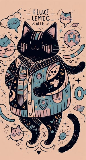 A whimsical illustration of a cat's tattoo, surrounded by colorful vector shapes and swirling patterns. The cat's face is adorned with a matching tattoo logo, complete with tiny ink . Soft pastel hues and subtle shading bring the adorable scene to life.,cartoon,IncrsLcmSolo,tshee00d