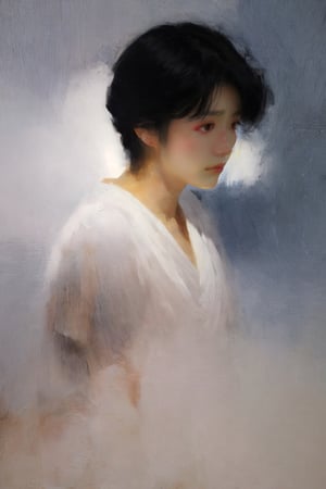 ((sorrow, sad expression)), (painted in warm color only),  (masterpiece),(1 Hirosue Ryoko, black hair,closed mouth) ,looking at nowhere, dim light, muted color, (ultra detailed background of a completely snowy white), harmonious composition, epic art work, extremely long shot, A traditional Japanese art