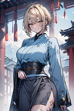 blonde, golden eyes, calm look, short hair, Chinese temple, genius, blue kimono that reaches to her thighs, look of having found enlightenment,
warrior, strong woman, scars all over her body, muscular body, kind smile, long gray skirt.