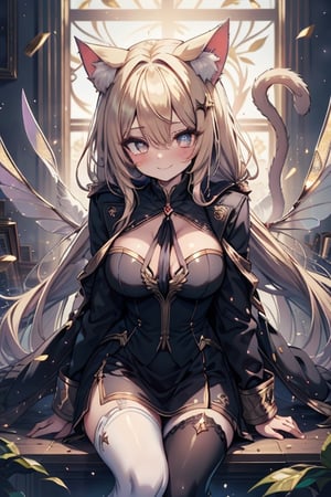 blonde, golden eyes, scholar, black jacket, elegant white, long golden stockings, confident smile, cat ears, 1 cat tail, nekomata, arrogant, narcissite, the most intelligent woman in the world, bearer of the eyes of knowledge, the combat genius, laughter, masterpiece, good quality, excellent quality, AIR_BETWEEN_EYES, STAFF, golden eyes, the pride fairy, long hair, perfect face, bright pupils (finely detailed). beautiful eyes,
