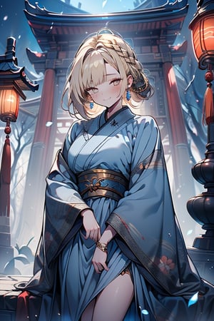 blonde, golden eyes, calm look, short hair, genius, blue kimono that reaches to her thighs, look of having found enlightenment,
warrior, strong woman, muscular body, kind smile, long gray skirt, masterpieces, good quality, high image quality, found lighting, hermit, magician of miracles, is at peace with herself, very calm look with herself, half-closed eyes, in a Chinese temple,perfect face.
