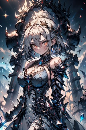 blonde, golden eyes, angry look, long hair, desert knight, hates magic, silver sword that reflects a blue color that traps magic, genie, white dress that reaches to her thighs, armor on her hands, legs and arms , gray and white Dress, Warrior appearance, warrior, strong woman, black metal parts, magic metal shoulder pads, scars all over her body, shiny magic metal armor with a blue crystal on her chest,masterpiece, good quality, excellent quality, perfect face.
