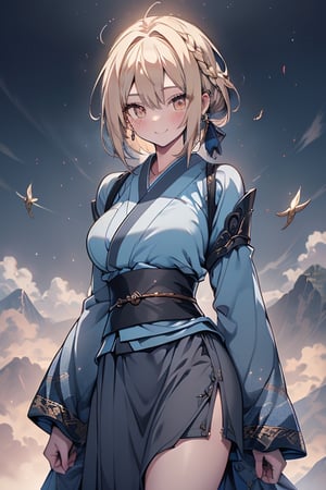 blonde, golden eyes, calm look, short hair, genius, blue kimono that reaches to her thighs, look of having found enlightenment,
warrior, strong woman, muscular body, kind smile, long gray skirt, masterpieces, good quality, high Image quality,she found enlightenment,hermit.