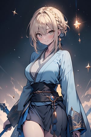 blonde, golden eyes, calm look, short hair, genius, blue kimono that reaches to her thighs, look of having found enlightenment,
warrior, strong woman, muscular body, kind smile, long gray skirt, masterpieces, good quality, high Image quality,she found enlightenment,hermit,the magician of miracles.