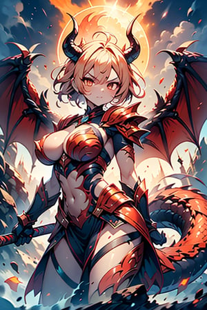 dragon wings, scaly skin, bright blonde hair, arrogant, serious, powerful, mother of the Yuumil, goddess of order, strongest dragon goddess, proud, goat horns, red horns, dragon hands, dragon legs, covered body by scales, armor, short hair, big wings, dragonborn, goddess of order and battles, masterpiece, detailed, high quality, absurd, very high resolution, good quality image, high definition, serious face, annoying, warrior, Order ,good quality eyes, high resolution eyes, defined eyes, sharp eyes, orange eyes, armor that covers everything,face with good resolution,breast armor,orange armor,hair up with braids,dragon tail,over the sun, sword of order with a orange glow, radiant figure,magma armor,1 dragon tail only one,perfect face,dragon woman
