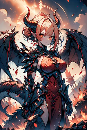 dragon wings, scaly skin, bright blonde hair, arrogant, serious, powerful, mother of the Yuumil, goddess of order, strongest dragon goddess, proud, goat horns, red horns, dragon hands, dragon legs, covered body by scales, armor, short hair, big wings, dragonborn, goddess of order and battles, masterpiece, detailed, high quality, absurd, very high resolution, good quality image, high definition, serious face, annoying, warrior, Order ,good quality eyes, high resolution eyes, defined eyes, sharp eyes, orange eyes, armor that covers everything,face with good resolution,breast armor,orange armor,hair up with braids,dragon tail,over the sun, sword of order with a orange glow, radiant figure,magma armor,1 dragon tail only one,perfect face,dragon woman, 4k, warrior,

,Circle