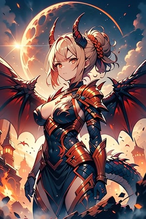 dragon wings, scaly skin, bright blonde hair, arrogant, serious, powerful, mother of the Yuumil, goddess of order, strongest dragon goddess, proud, goat horns, red horns, dragon hands, dragon legs, covered body by scales, armor, short hair, big wings, dragonborn, goddess of order and battles, masterpiece, detailed, high quality, absurd, very high resolution, good quality image, high definition, serious face, annoying, warrior, Order ,good quality eyes, high resolution eyes, defined eyes, sharp eyes, orange eyes, armor that covers everything,face with good resolution,breast armor,orange armor,hair up with braids,dragon tail,over the sun, sword of order with a orange glow, radiant figure,magma armor,1 dragon tail only one,perfect face.

