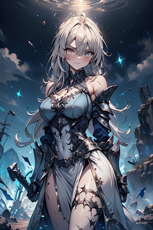 blonde, golden eyes, angry look, long hair, desert knight, hates magic, silver sword that reflects a blue color that traps magic, genie, white dress that reaches to her thighs, armor on her hands, legs and arms , gray and white Dress, Warrior appearance, warrior, strong woman, black metal parts, magic metal shoulder pads, scars all over her body, shiny magic metal armor with a blue crystal on her chest.
