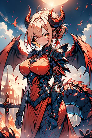 dragon wings, scaly skin, bright blonde hair, arrogant, serious, powerful, mother of the Yuumil, goddess of order, strongest dragon goddess, proud, goat horns, red horns, dragon hands, dragon legs, covered body by scales, armor, short hair, big wings, dragonborn, goddess of order and battles, masterpiece, detailed, high quality, absurd, very high resolution, good quality image, high definition, serious face, annoying, warrior, Order ,good quality eyes, high resolution eyes, defined eyes, sharp eyes, orange eyes, armor that covers everything,face with good resolution,breast armor,orange armor,hair up with braids,dragon tail,over the sun, sword of order with a orange glow, radiant figure,magma armor,1 dragon tail only one,perfect face,dragon woman, 4k, warrior,

