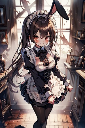 maid outfit, rabbit woman, brown hair, combat warrior, long hair, embodiment of gluttony, brown eyes, kind face, kind smile, perfect face, masterpiece, good quality, excellent quality, black pantyhose, 4k, medium breasts , maid outfit skirt, victorian maid outfit with long sleeves.
