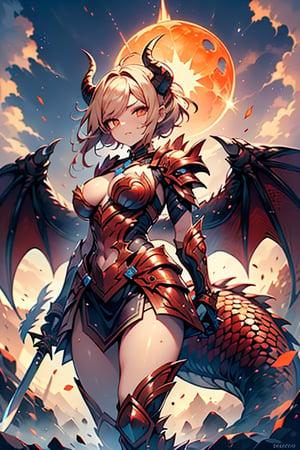 dragon wings, scaly skin, bright blonde hair, arrogant, serious, powerful, mother of the Yuumil, goddess of order, strongest dragon goddess, proud, goat horns, red horns, dragon hands, dragon legs, covered body by scales, armor, short hair, big wings, dragonborn, goddess of order and battles, masterpiece, detailed, high quality, absurd, very high resolution, good quality image, high definition, serious face, annoying, warrior, Order ,good quality eyes, high resolution eyes, defined eyes, sharp eyes, orange eyes, armor that covers everything,face with good resolution,breast armor,orange armor,hair up with braids,dragon tail,over the sun, sword of order with a orange glow, radiant figure,magma armor,1 dragon tail only one,perfect face.

,More Detail