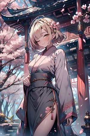 blonde, golden eyes, calm look, short hair, genius, light pink kimono that reaches to her thighs, look of having found enlightenment,warrior, strong woman, muscular body, kind smile, long gray skirt, masterpieces, good quality, high image quality, found lighting, hermit, magician of miracles, is at peace with herself, very calm look with herself, half-closed eyes, in a Chinese temple,perfect face,cherry trees blooming.