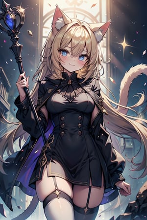 blonde, golden eyes, scholar, black jacket, elegant white, long golden stockings, confident smile, cat ears, 1 cat tail, nekomata, arrogant, narcissite, the most intelligent woman in the world, bearer of the eyes of knowledge, the combat genius, laughter, masterpiece, good quality, excellent quality, AIR_BETWEEN_EYES, STAFF, golden eyes, the pride fairy, long hair, perfect face, bright pupils (finely detailed). beautiful eyes,
