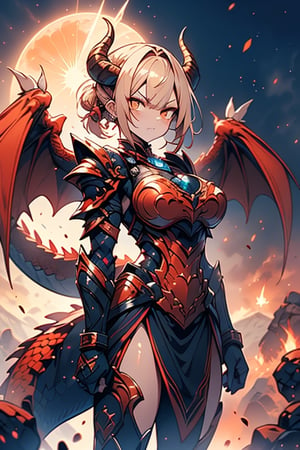 dragon wings, scaly skin, bright blonde hair, arrogant, serious, powerful, mother of the Yuumil, goddess of order, strongest dragon goddess, proud, goat horns, red horns, dragon hands, dragon legs, covered body by scales, armor, short hair, big wings, dragonborn, goddess of order and battles, masterpiece, detailed, high quality, absurd, very high resolution, good quality image, high definition, serious face, annoying, warrior, Order ,good quality eyes, high resolution eyes, defined eyes, sharp eyes, orange eyes, armor that covers everything,face with good resolution,breast armor,orange armor,hair up with braids,dragon tail,over the sun, sword of order with a orange glow, radiant figure,magma armor.
,kokomidef,dragonborn