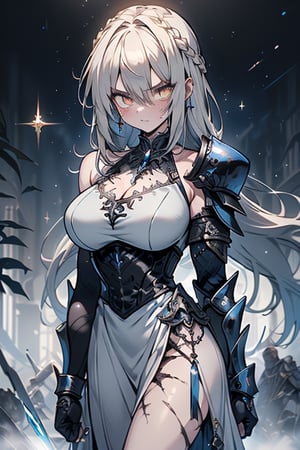 blonde, golden eyes, angry look, long hair, desert knight, hates magic, silver sword that reflects a blue color that traps magic, genius, white dress that reaches to her thighs, armor on her hands, legs and arms,gray and white dress, Look of a warrior, warrior, strong woman, black metal parts, magic metal shoulder pads, scars all over her body.