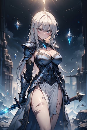 blonde, golden eyes, angry look, long hair, desert knight, hates magic, silver sword that reflects a blue color that traps magic, genie, white dress that reaches to her thighs, armor on her hands, legs and arms , gray and white Dress, Warrior appearance, warrior, strong woman, black metal parts, magic metal shoulder pads, scars all over her body, shiny magic metal armor with a blue crystal on her chest.
