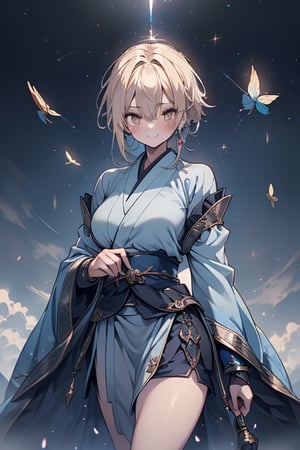 blonde, golden eyes, calm look, short hair, genius, blue kimono that reaches to her thighs, look of having found enlightenment,
warrior, strong woman, muscular body, kind smile, long gray skirt, masterpieces, good quality, high Image quality,she found enlightenment,hermit,the magician of miracles.