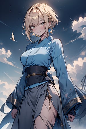 blonde, golden eyes, calm look, short hair, genius, blue kimono that reaches to her thighs, look of having found enlightenment,
warrior, strong woman, scars all over her body, muscular body, kind smile, long gray skirt, masterpieces, good quality, high Image quality,she found enlightenment
