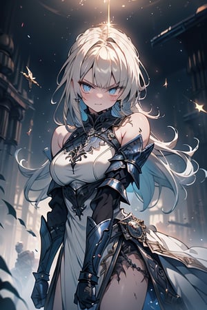 blonde, golden eyes, angry look, long hair, desert knight, hates magic, silver sword that reflects a blue color that traps magic, genius, white dress that reaches to her thighs, armor on her hands, legs and arms,gray and white dress, Look of a warrior, warrior, strong woman, black metal parts, magic metal shoulder pads, scars all over her body.