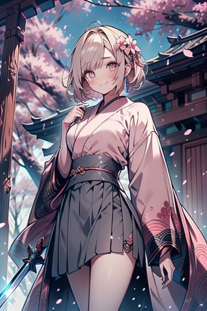 blonde, golden eyes, calm look, short hair, genius, light pink kimono that reaches to the thighs, look of having found enlightenment, warrior, strong woman, muscular body, light very calm smile, long gray skirt, masterpieces, good quality, high quality image, found lighting, hermit, magician of miracles, she is at peace with herself, very calm look with herself, in a Chinese temple, perfect face, cherry blossoms,sword on one side,japanese katana
